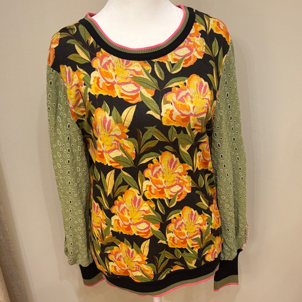 Anthropologie Black Floral Sweatshirt with Green Sleeves
